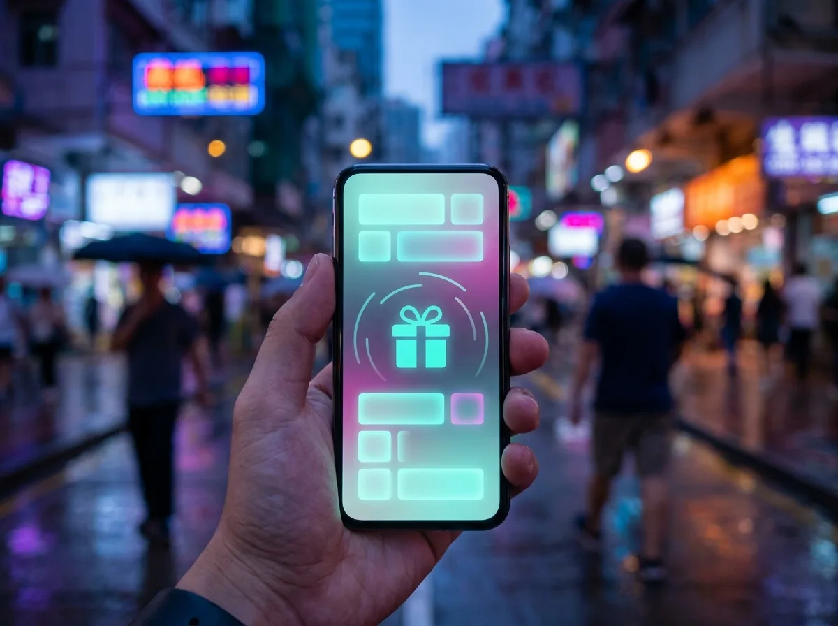 香港のネオン街でスマートフォンに表示された電子消費券のイメージ（AI生成の再現イメージ）