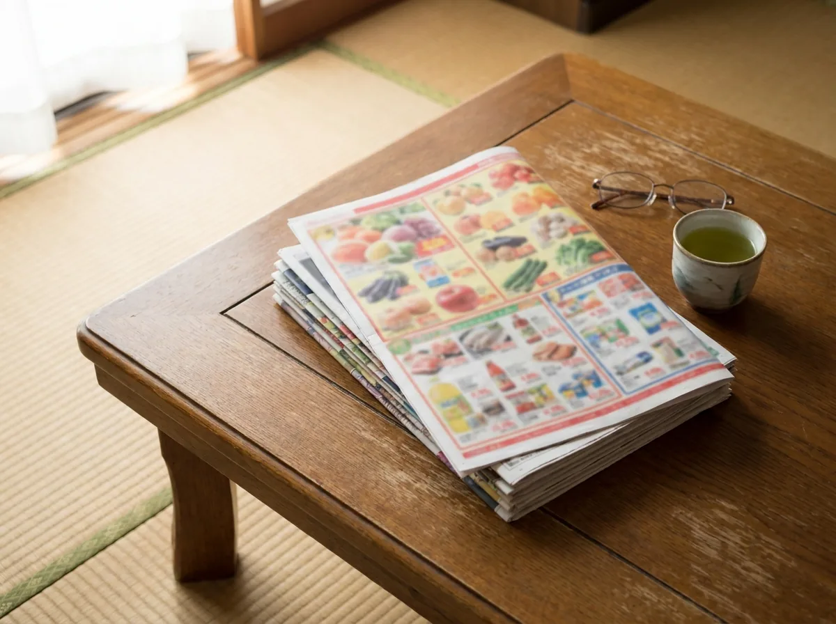 朝の食卓に置かれた新聞の折込チラシの束（AI生成の再現イメージ）