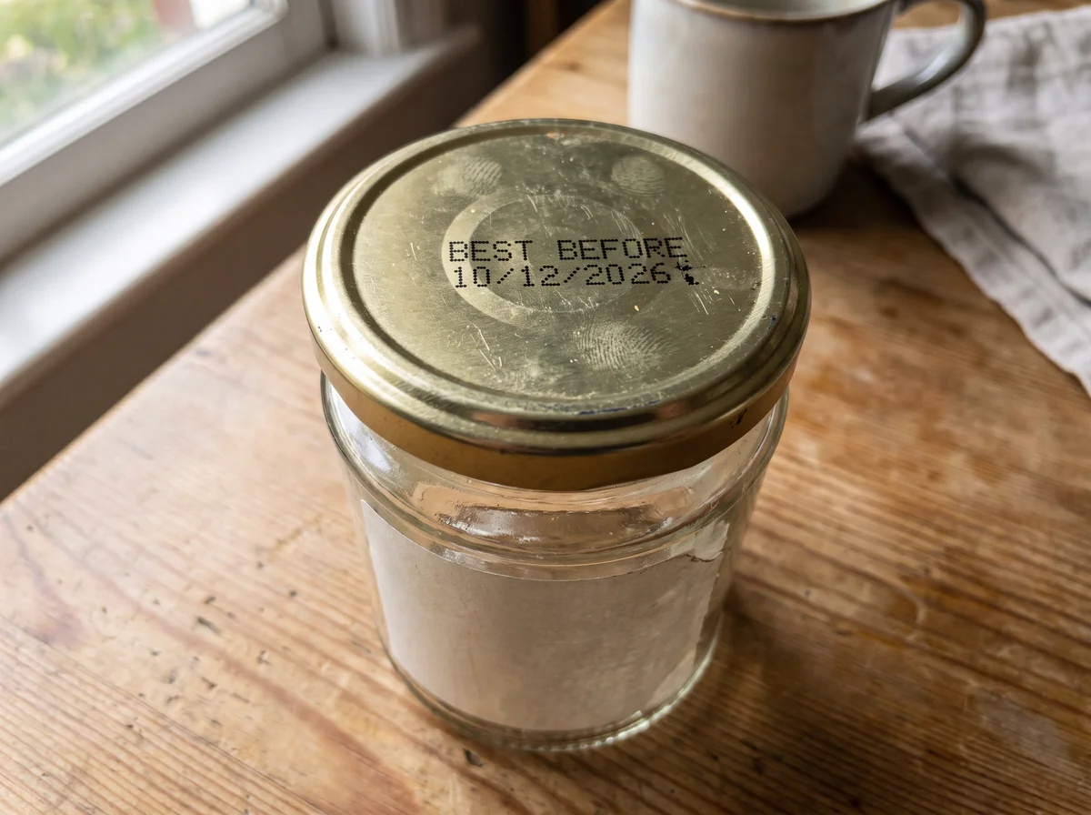 An imported jam jar with BEST BEFORE 10/12/2026 printed on the lid
