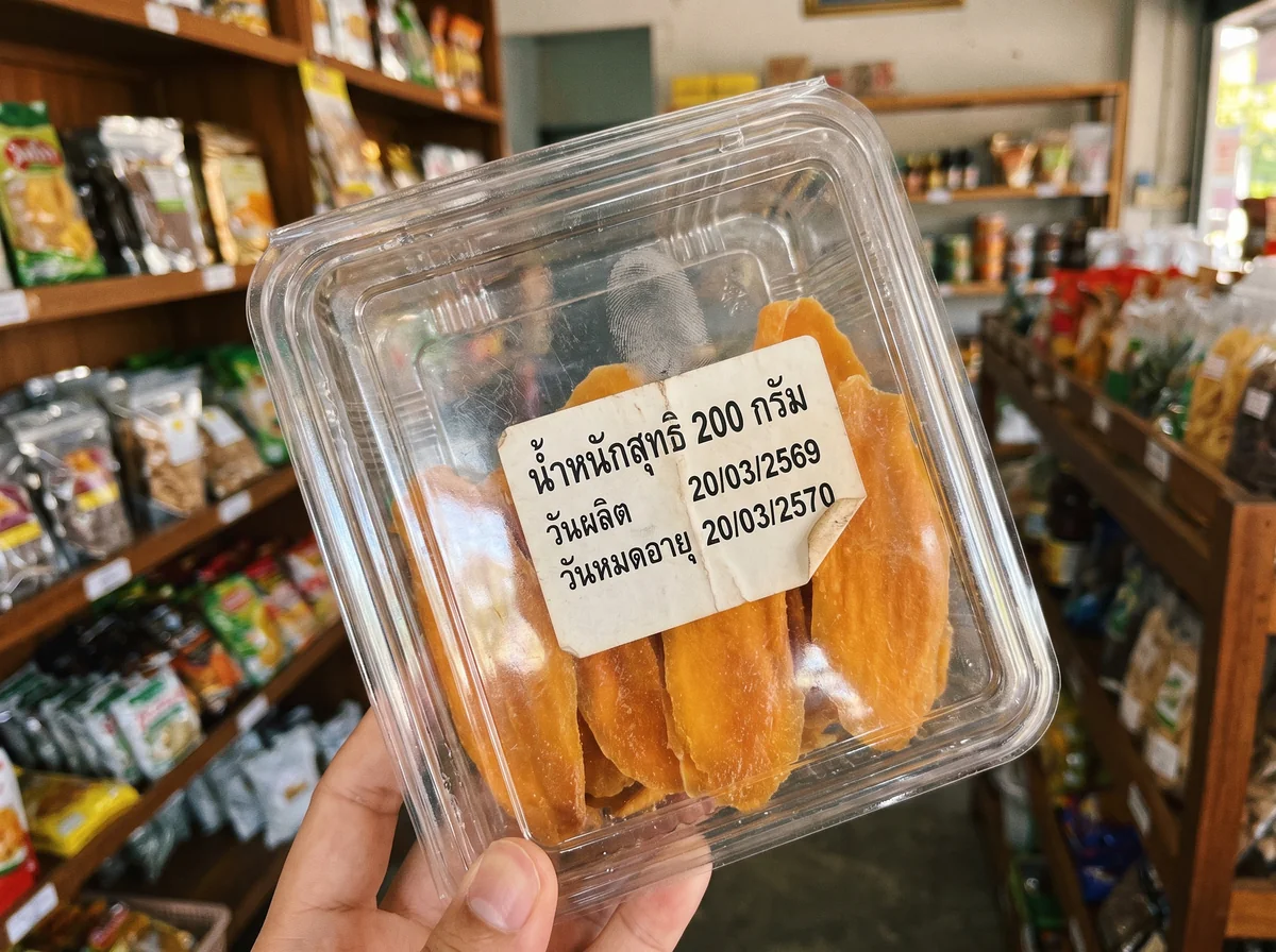 A Thai pack of dried mango with a Buddhist-calendar expiry date