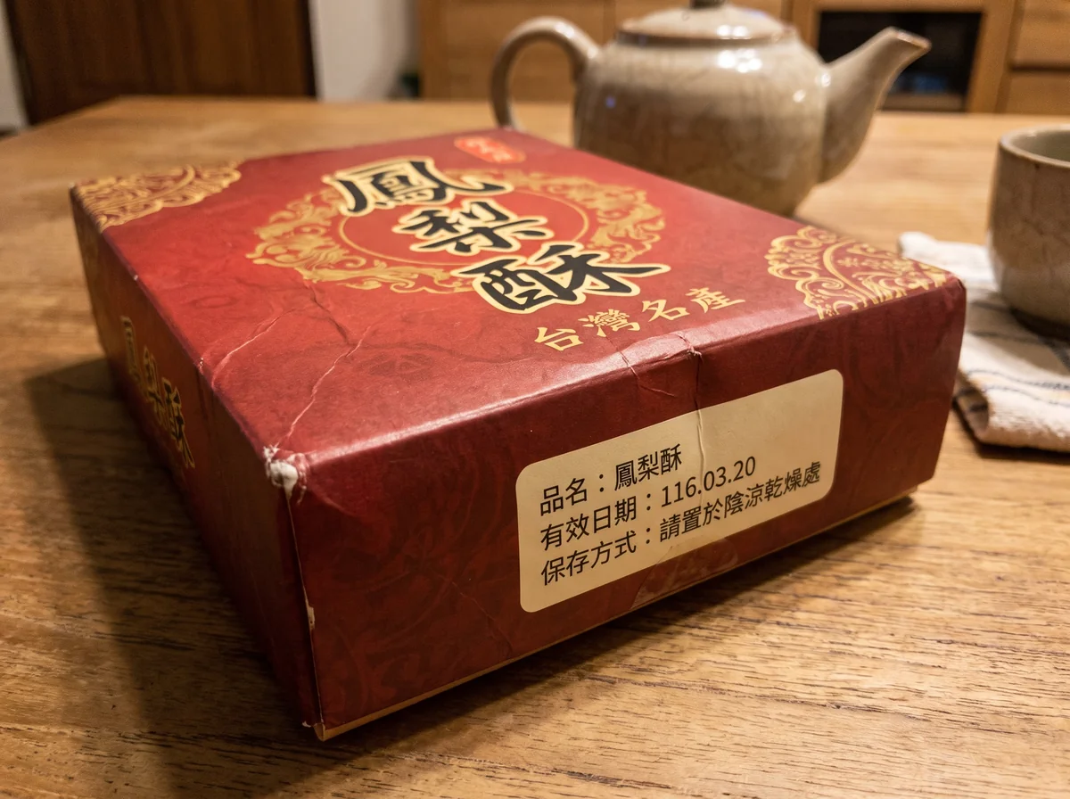 A Taiwanese pineapple cake box printed 有效日期：116.03.20
