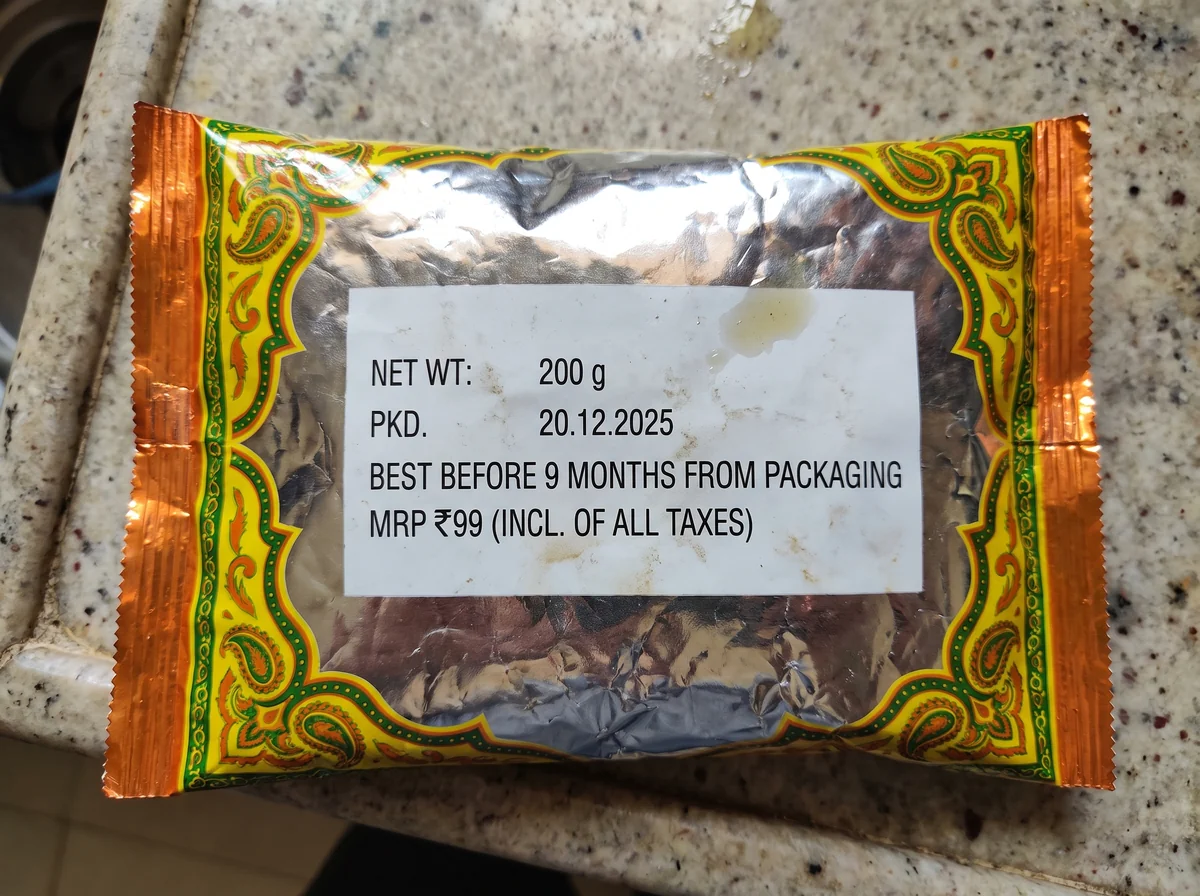 The back of an Indian snack pack: PKD. 20.12.2025, BEST BEFORE 9 MONTHS FROM PACKAGING