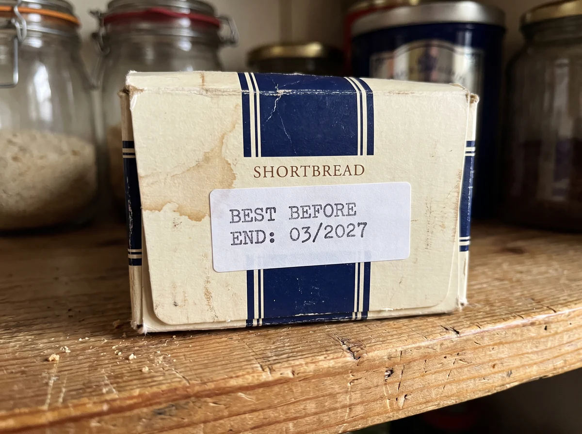 A British shortbread box printed BEST BEFORE END: 03/2027