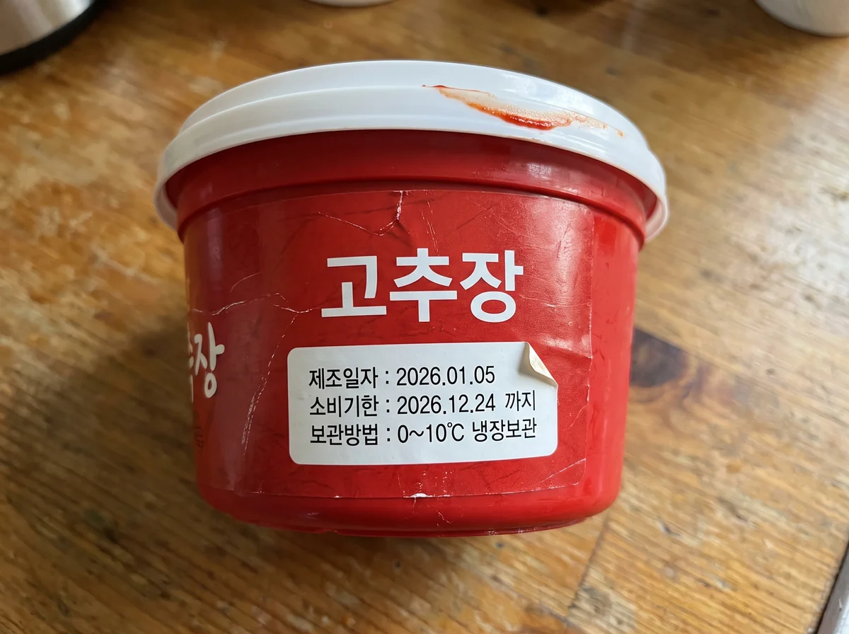 A Korean tub of gochujang labelled 소비기한 (use-by) 2026.12.24
