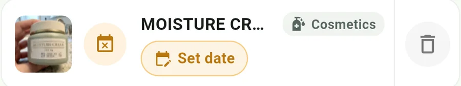 DueSnap registered the cream jar as Cosmetics with no date set