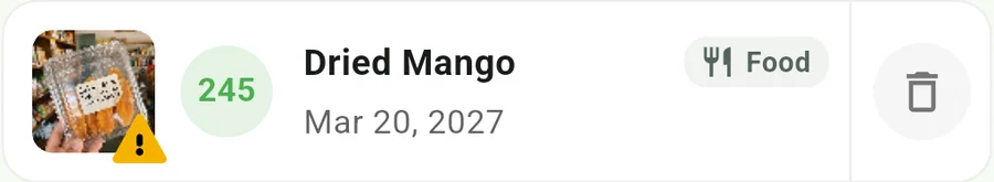 DueSnap read the Thai Buddhist-calendar label and registered Dried Mango with March 20, 2027