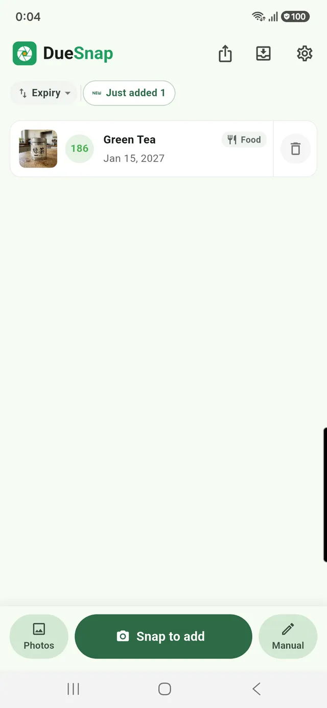 Logged as Green Tea, Jan 15 2027 — read automatically from the Japanese label