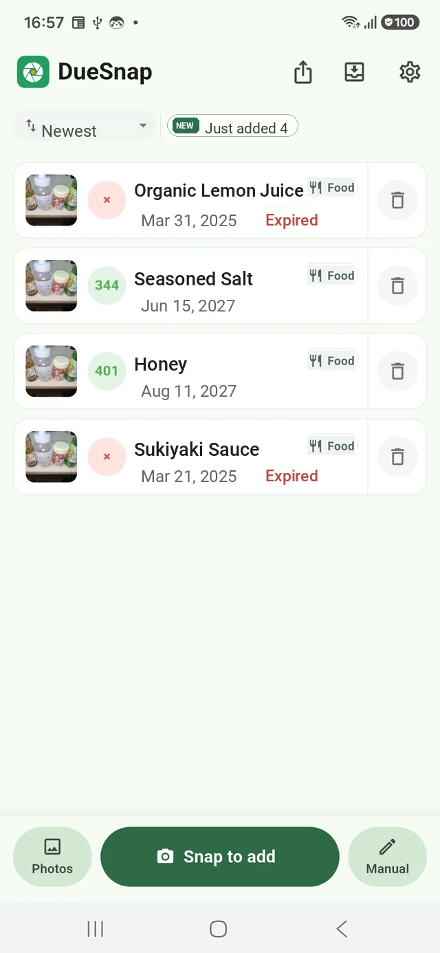 In this example, four items logged with name and expiry date