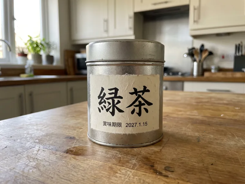 An imported tea tin with a Japanese-only label