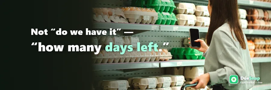 Shopper checking their phone in a supermarket egg aisle — Not “do we have it” — “how many days left.”