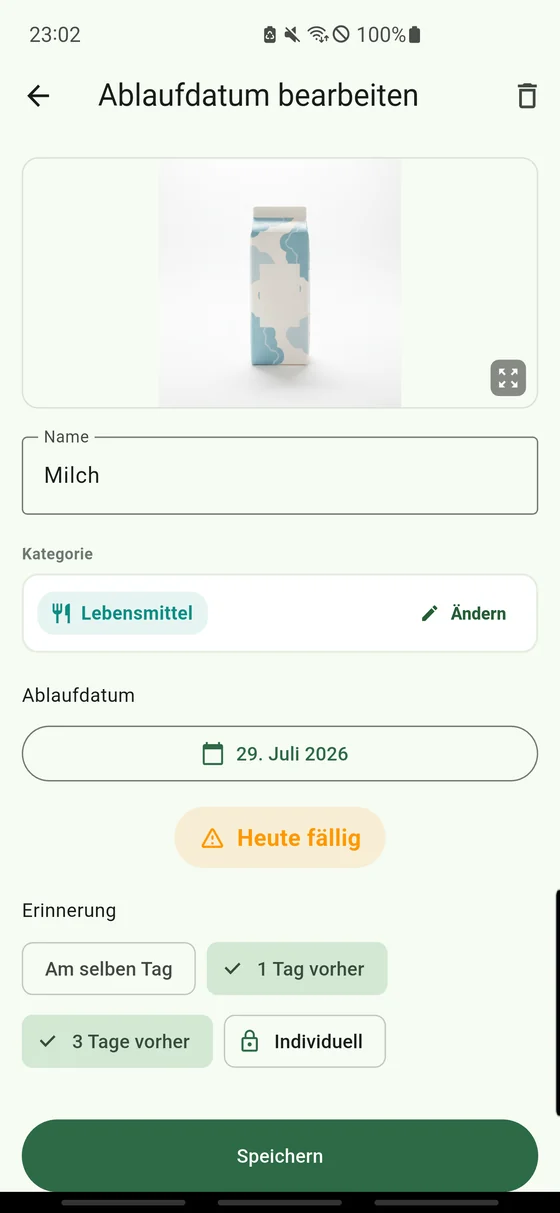 Details eines gespeicherten Produkts: Name, Datum und Erinnerung