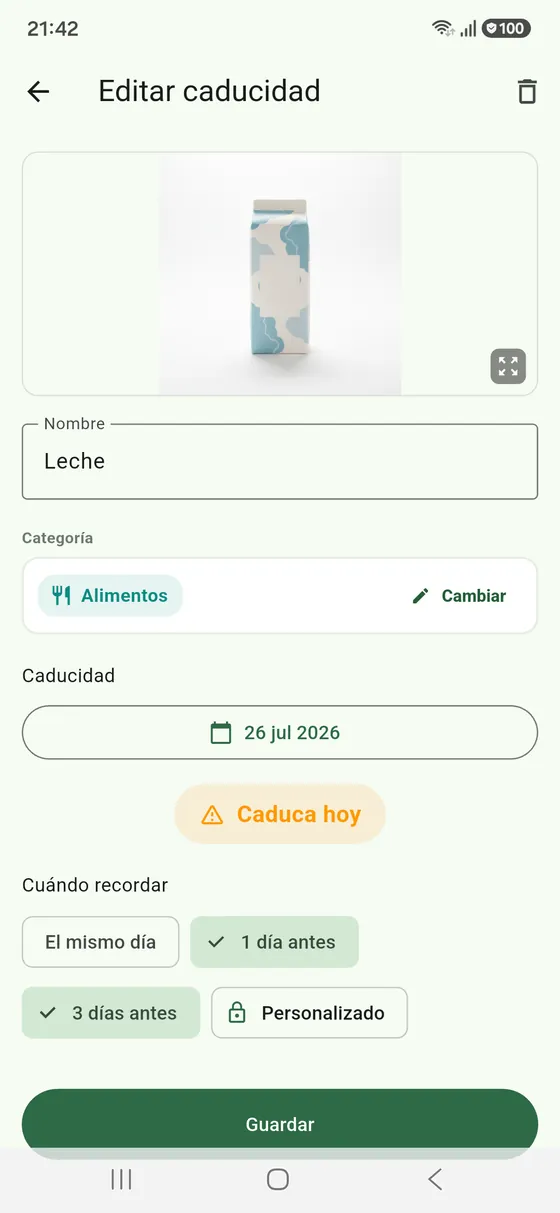 Detalle de un producto guardado: nombre, fecha y recordatorio