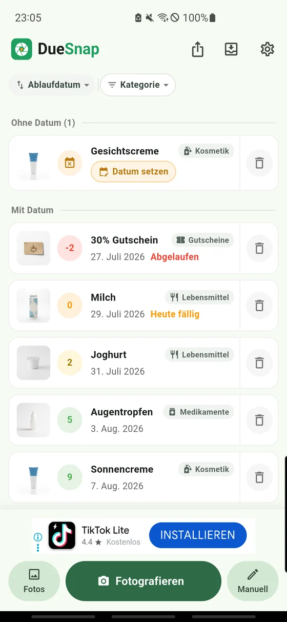 Mit einem Tipp festlegen, wie lange ein Produkt ohne aufgedrucktes Datum hält