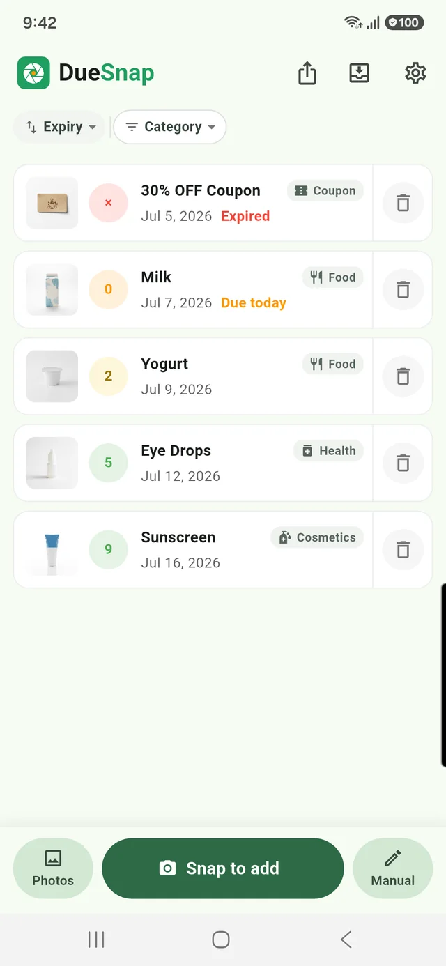 DueSnap home: items color-coded by days left