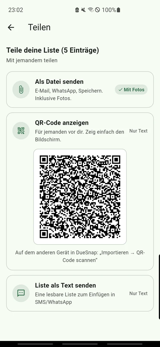 Deine Daten per Datei, QR-Code oder Text teilen
