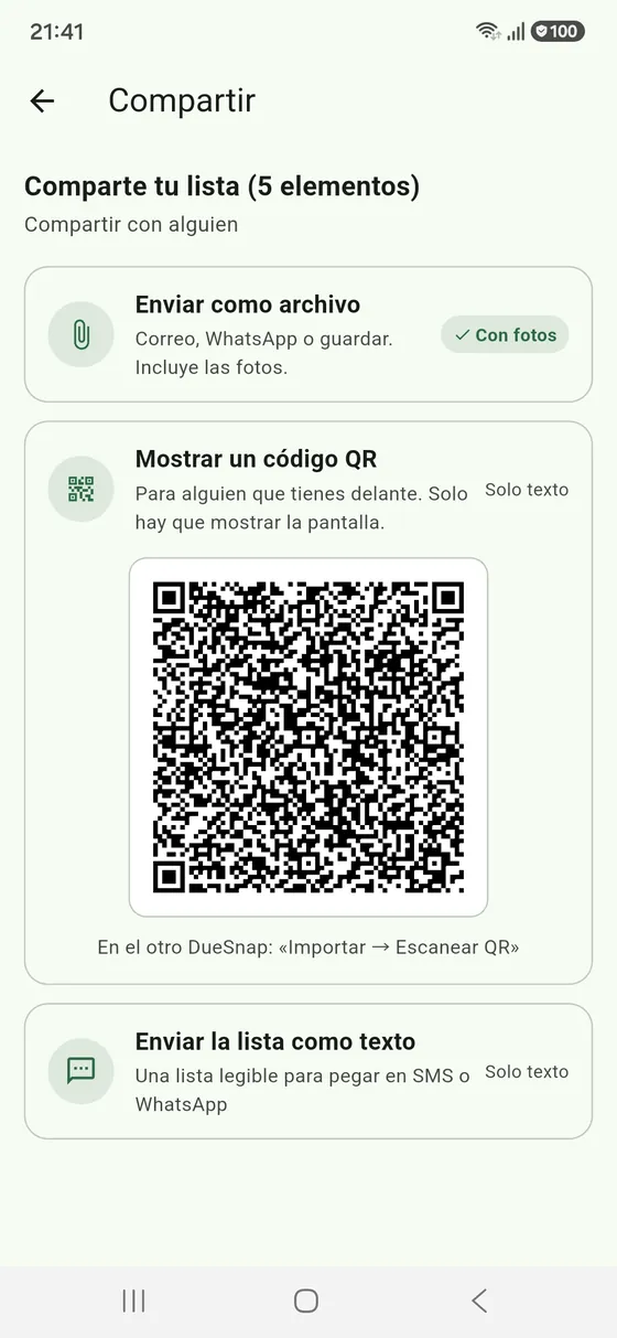 Compartir tus fechas por archivo, código QR o texto